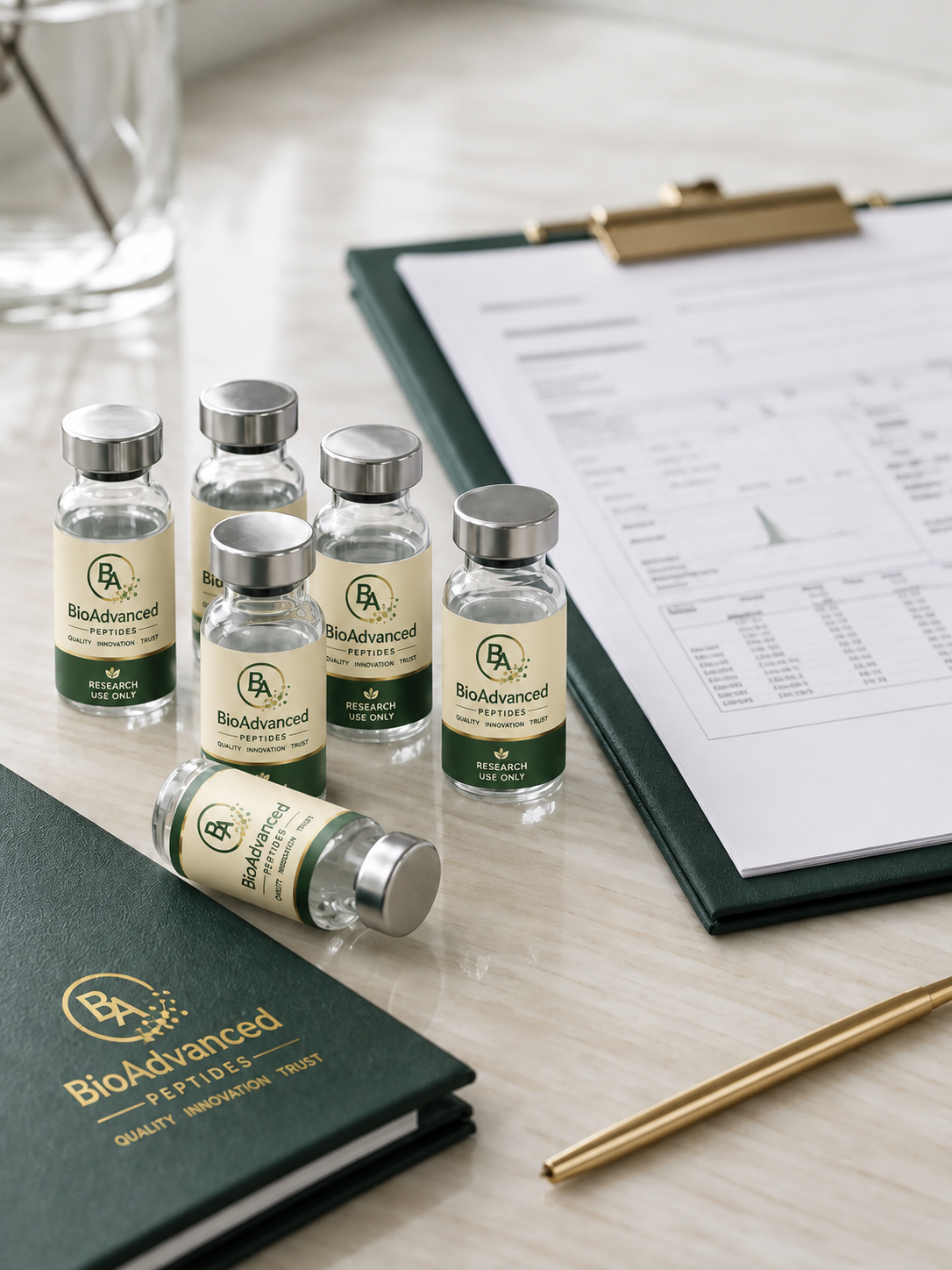 BioAdvanced Peptides research vials beside laboratory batch documentation